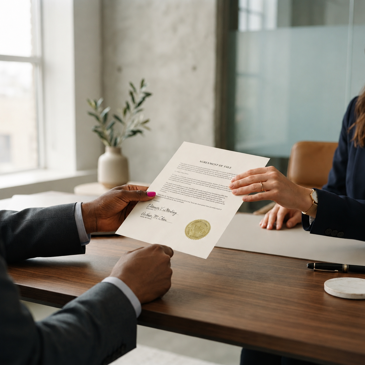 Hands exchanging a signed and notarized document across a desk