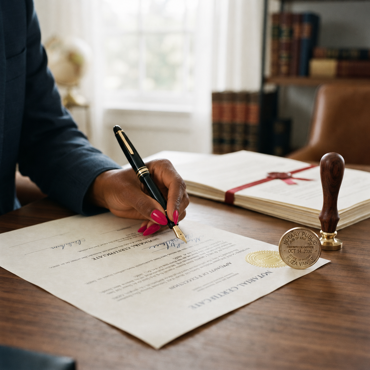 Fountain pen signing an official document beside a notary seal